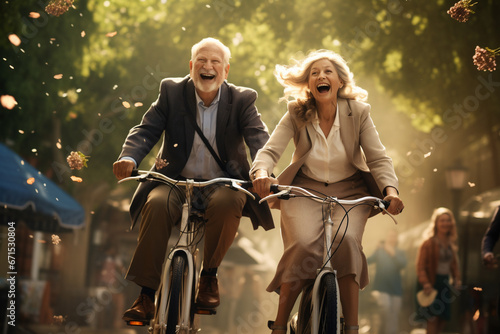 Joyful senior couple, deeply in love, as they embark on a bike ride together. The scene radiates happiness, health, and the beauty of their shared journey. Ai generated © twindesigner
