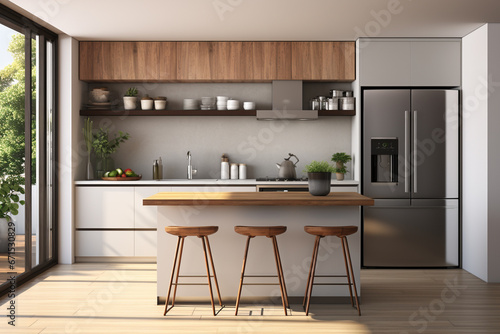 Modern kitchen design  featuring a spacious  open layout with a dedicated area for dining. Ai generated