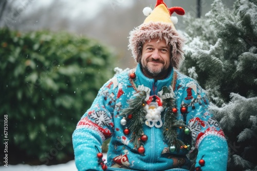 Happy caucasian man wearing in ugly Christmas sweater and choosing Xmas tree . Outdoors. Snowy winter. Day of ugly Christmas sweater. photo