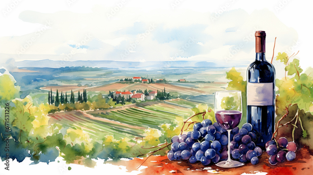 Watercolor Bunch of blue grapes and red wine bottle on landscape of italy or spain - obrazy, fototapety, plakaty 