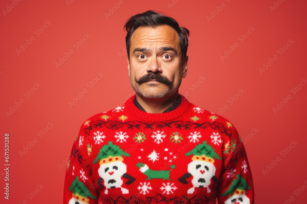 Portrait of man wearing in Ugly Christmas sweater on red background. Traditional Ugly sweater Day. Portrait of man wearing in Ugly Christmas sweater on red background. Traditional Ugly sweater Day.