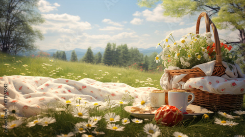 Picnic in the meadow. Cup of coffee and basket with flowers.