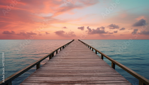 a beautiful sunset at a beach with a bridge © Kien