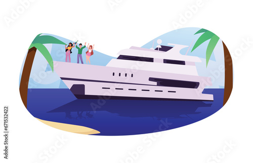 Yacht with people living a luxurious lifestyle of rich, flat vector isolated.