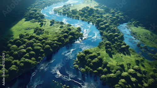 an aerial shot of a river in the wilderness © Kien