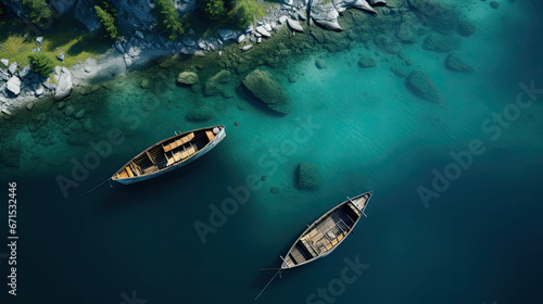high view canoes at the lake with mountains in the background © Kien