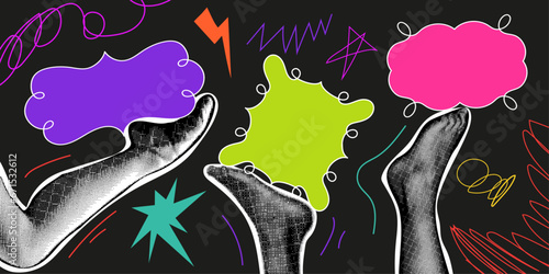 Collage design elements in trendy dotted pop art style. Retro halftone effect. Women's legs hold multi-colored frames.Vector illustration.