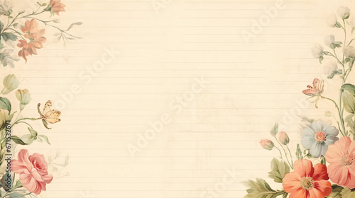 Blank vintage floral lined paper recipe card background.