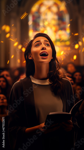 Woman singing in a Church concert with her Choir at Christmas. Shallow field of view. photo