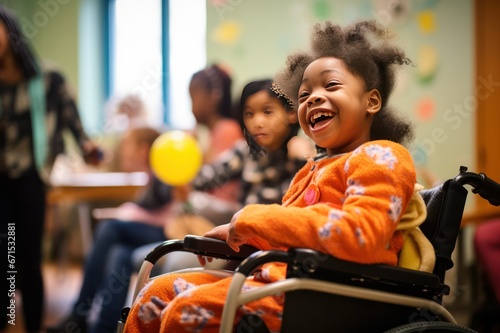 diverse girl with reduced mobility using wheelchair at school, smiling. Inclusive preschool education banner, candid moment.