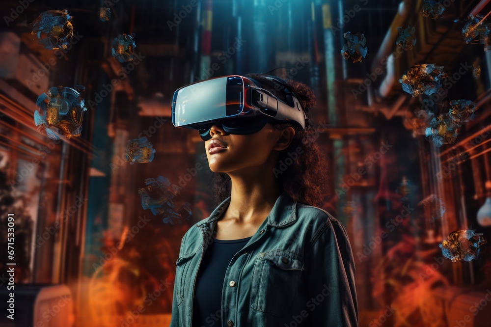 Diverse woman wearing virtual reality headset on industrial tech backdrop. Clean futuristic vision. Augmented reality and future business development concept.