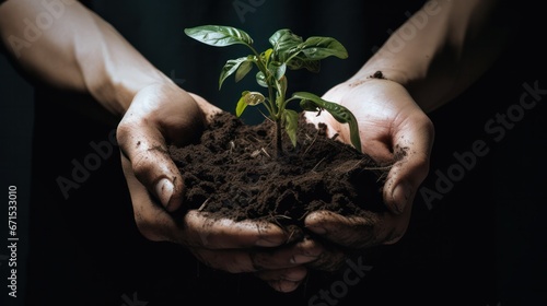 child holding a tree sprout with soil in his hands. Agriculture, growth, eco, green initiative, environment future concept.