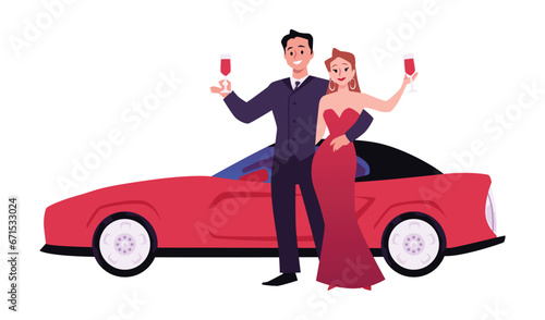 Elegant rich couple with wineglass near an expensive red sports car, businessman with wife vector celebrity luxury life