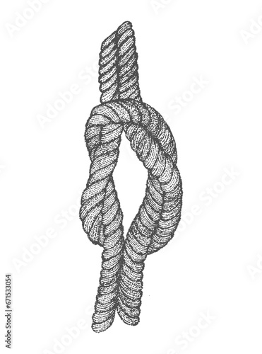 Rope, cord, rope, thread, weave, nautical knot, infinity, grunge, nautical, dotwork style sketch, black and white vector illustration isolated, tattoo sticker, print