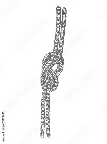 Rope, cord, string, skein, nautical knot, weave, grunge, nautical, dotwork style sketch, black and white vector illustration isolated, tattoo sticker, print