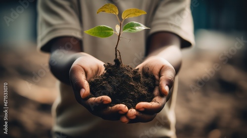 child holding a tree sprout with soil in his hands. Agriculture, growth, eco, green initiative, environment future concept.