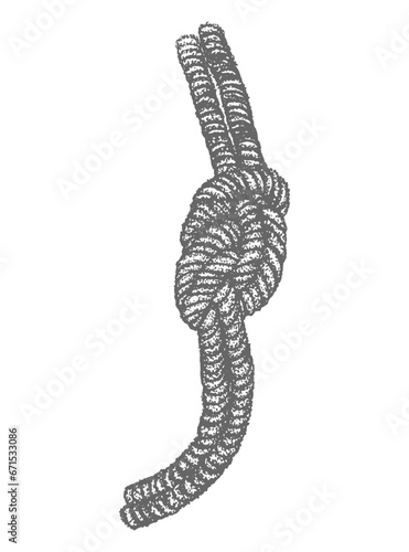 Rope, cord, string, skein, nautical knot, weave, grunge, nautical, dotwork style sketch, black and white vector illustration isolated, tattoo sticker, print