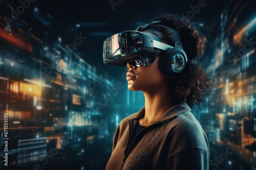 Diverse woman wearing virtual reality headset on neon screens displays tech backdrop. Clean futuristic vision. Augmented reality and future business development concept.