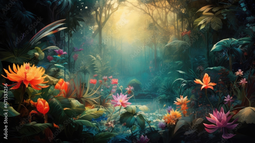 Naklejka premium a painting of a forest with lots of flowers and a stream of water in the middle of the forest, with the sun shining through the trees. generative ai