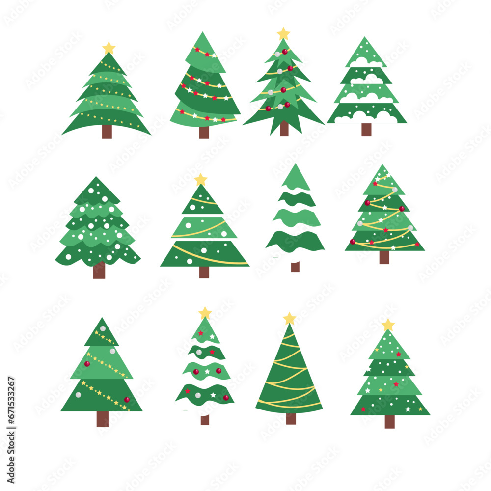 Vector set of cartoon Christmas trees, pines for greeting card, invitation,banner, web. New Years and xmas traditional symbol tree with garlands, light bulb, star. Winter holiday. Icons collection.