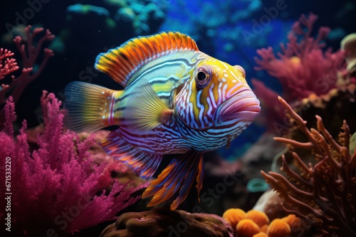 Exotic colorful fish closeup. Underwater reef world beauty illustration. Snorkeling and scuba diving travel ad poster. Aquarium business concept. 