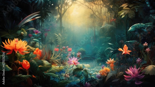  a painting of a forest with lots of flowers and a stream of water in the middle of the forest  with the sun shining through the trees.  generative ai