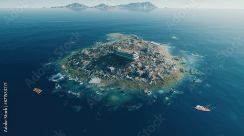 trash island in the ocean aerial view