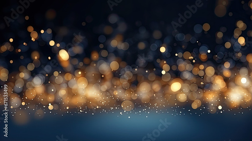 Christmas Golden light shine particles bokeh on navy blue background. Holiday concept. Abstract background with Dark blue and gold particle.