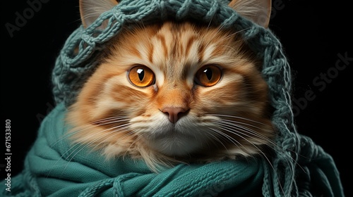 Cute little red kitten in scarf