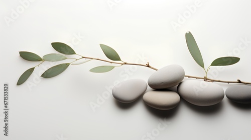 Sage twig and pebble rocks against an empty wall background with minimalism and aesthetic style. Wallpaper with serene and tranquil style with sense of zen and wellness. Yoga or massage studio element