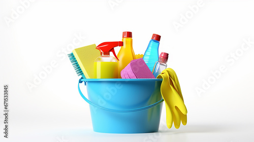 the bucket contains household supplies for cleaning the room and cleanliness on a white background