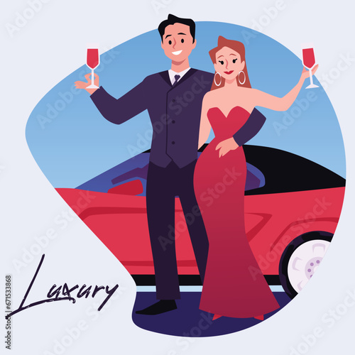 Elegant rich couple with wineglass near expensive red sports car, businessman with wife vector luxury lifestyle poster