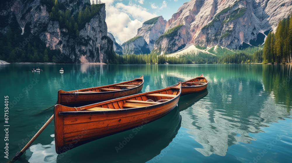 high view canoes at the lake with mountains in the background