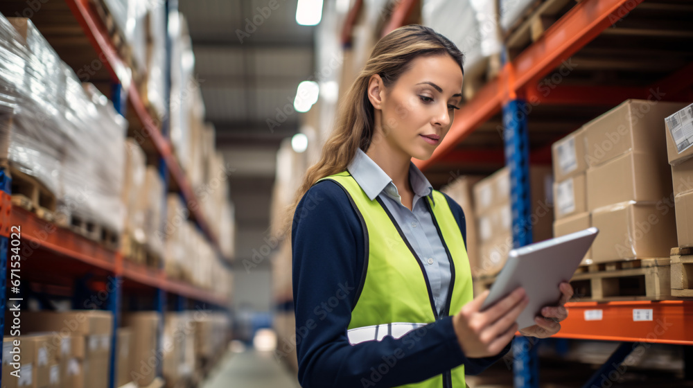 Portrait of female staff using digital tablet in warehouse. This is a freight transportation and distribution warehouse. Industrial and industrial workers concept Portrait of female staff using digital tablet in warehouse. This is a freight transportation and distribution warehouse. Industrial and industrial workers concept