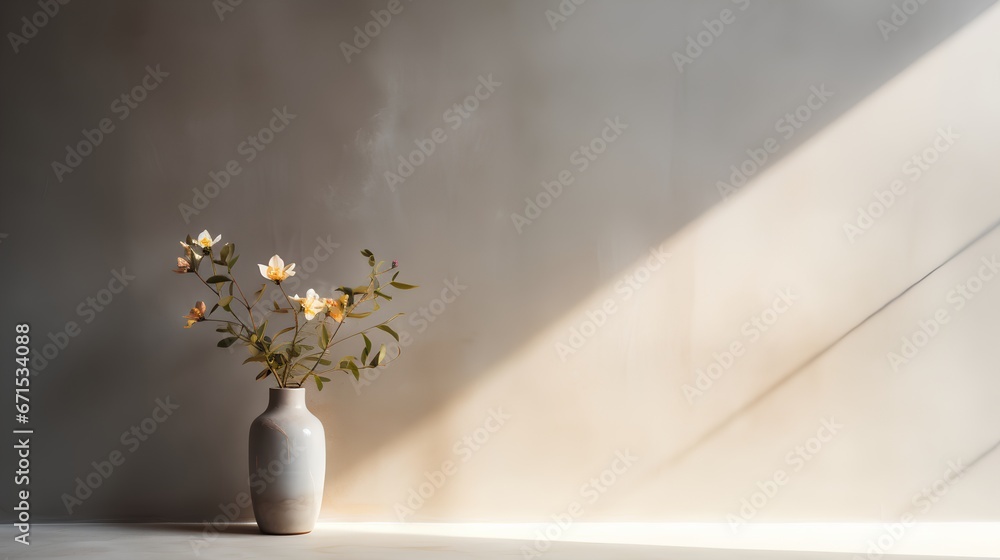 Drawing with vase of flowers with light reflection on it, set against an empty wall background. Aesthetic minimalism, rendered in a soothing palette of beige, natural, and neutral colors. Drawing with vase of flowers with light reflection on it, set against an empty wall background. Aesthetic minimalism, rendered in a soothing palette of beige, natural, and neutral colors.