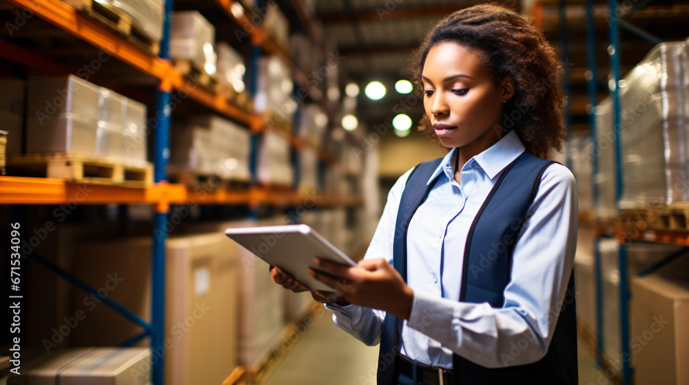 african american female manager using digital tablet in warehouse of warehouse