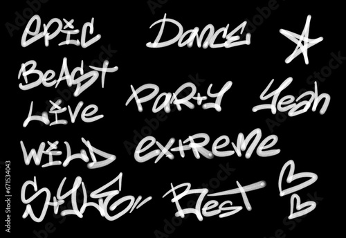 Collection of graffiti street art tags with words and symbols in white color on black background
