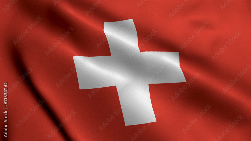 Obraz premium Switzerland Flag. Waving Fabric Satin Texture Flag of Switzerland 3D illustration. Real Texture Flag of the Swiss Confederation