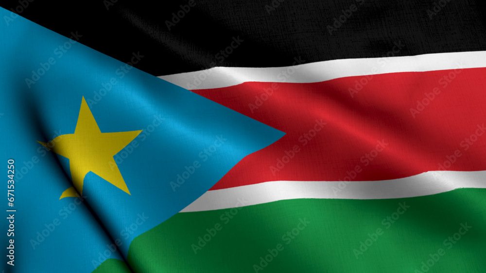 South Sudan Flag. Waving Fabric Satin Texture Flag of South Sudan 3D illustration. Real Texture Flag of the Republic of South Sudan South Sudan Flag. Waving Fabric Satin Texture Flag of South Sudan 3D illustration. Real Texture Flag of the Republic of South Sudan