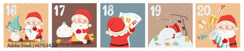 Cute advent calendar with Santa Claus, gift boxes, new year tree, presents, snow in cartoon style. Day 16, 17, 18, 19, 20. Countdown till 25. Christmas, New Year coloured vector illustration