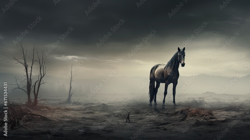 a horse standing in the middle of a field with a dark sky in the background and trees in the foreground. generative ai a horse standing in the middle of a field with a dark sky in the background and trees in the foreground. generative ai