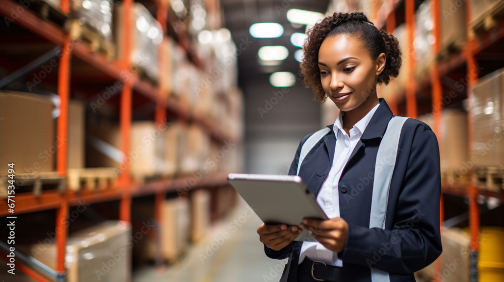 Fototapeta premium Portrait of confident female warehouse worker using digital tablet in a warehouse