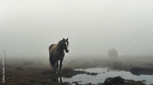  a couple of horses standing on top of a grass covered field next to a puddle of water on a foggy day. generative ai