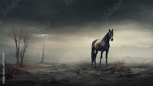  a horse standing in the middle of a field with a dark sky in the background and trees in the foreground.  generative ai © Anna