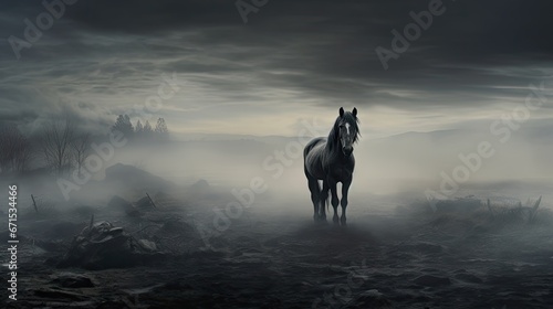  a horse standing in the middle of a field in the middle of a dark, foggy, cloudy sky.  generative ai #671534466