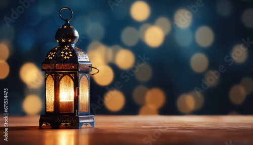 Arabic lantern on wooden background, ramadan concept