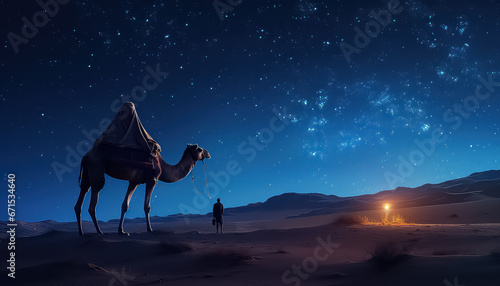 Camel at night in desert with stars  ramadan concept