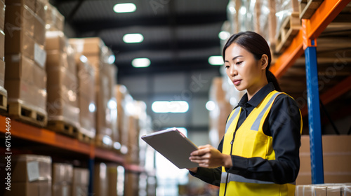 Asian female warehouse worker using digital tablet in warehouse. This is a freight transportation and distribution warehouse. Industrial and industrial workers concept