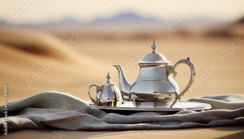 Arabic teapot with cup in desert, ramadan concept
