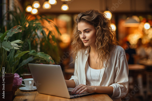 Beautiful girl immersed in her remote work, gracefully using her laptop in the cozy ambiance of a coffee shop. Ai generated